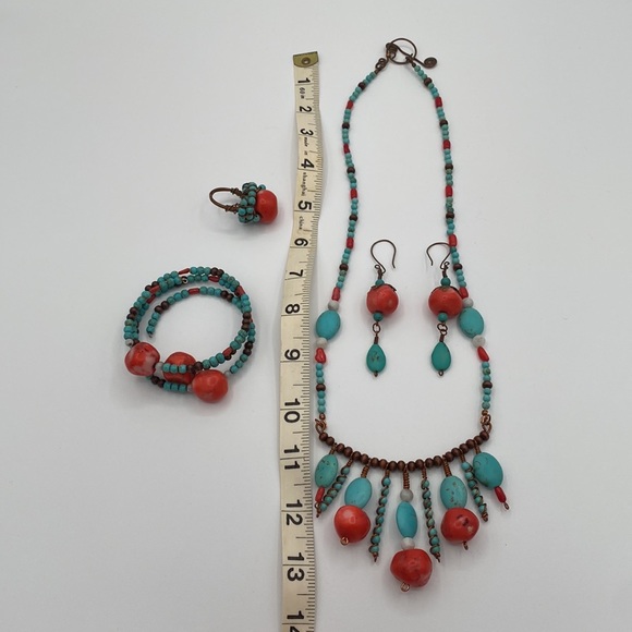 Handmade Boho Copper Beaded Jewelry Set Necklace Earrings Ring Bracelet - Picture 8 of 10